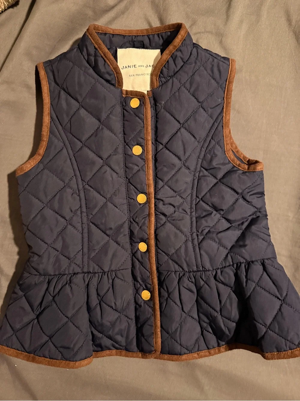 Janie and Jack Navy Quilted Peplum Vest with Brown Trim